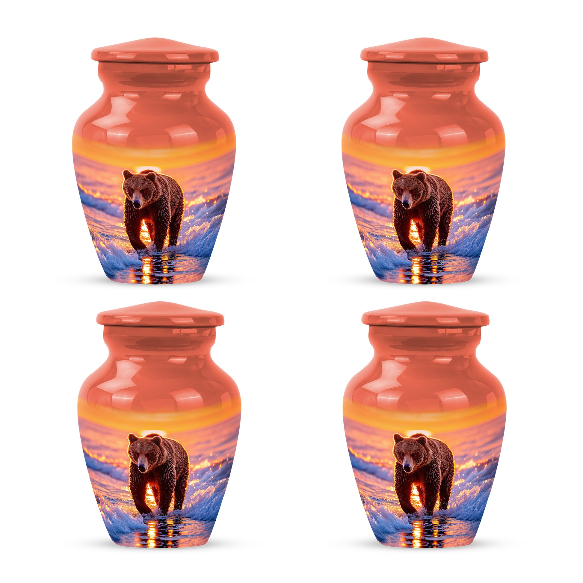 Crimson Red Bear Cremation Urn side profile showing urn shape - timeless bear motif etched into premium metal - 10 inch aluminum urn for cremated remains