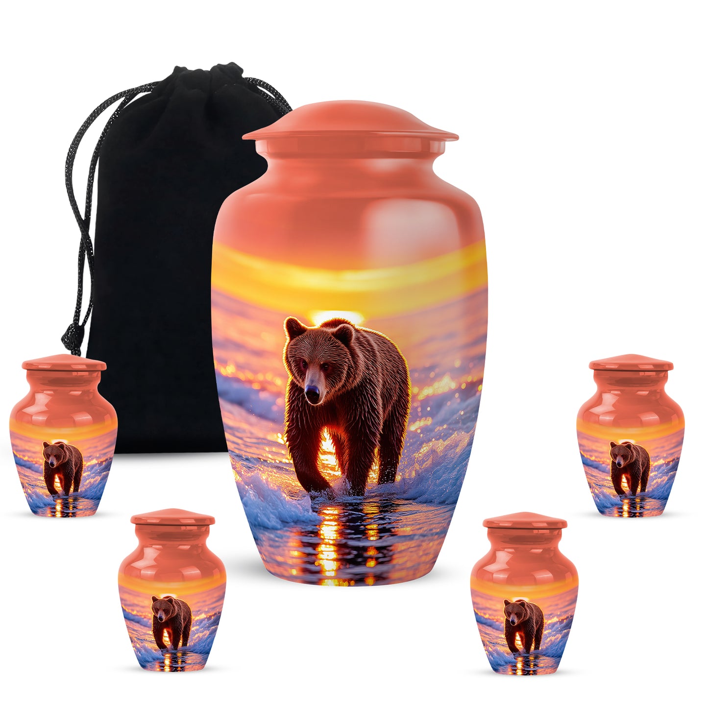Ruby Red Bear Cremation Urn top-down view of secure threaded lid - elegant classic bear relief with fine detailing - memorial set with one large and four small urns