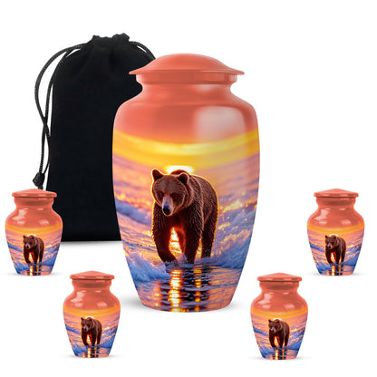Ruby Red Bear Cremation Urn top-down view of secure threaded lid - elegant classic bear relief with fine detailing - memorial set with one large and four small urns