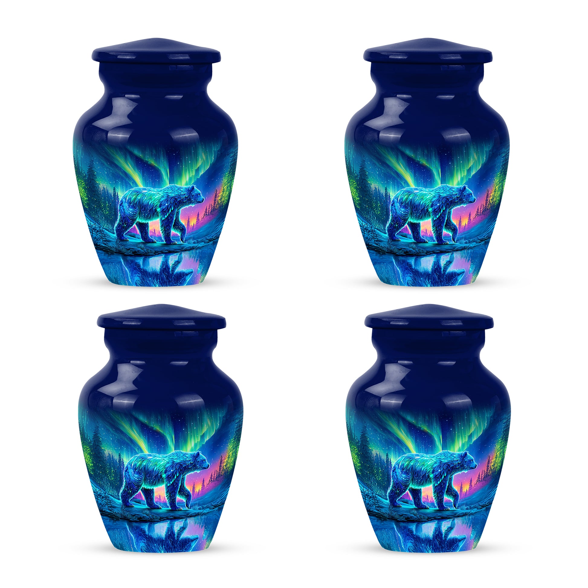 Slate Blue Bear Cremation Urn side profile showing urn shape - classic sculpted bear pattern on smooth aluminum - 10 inch aluminum urn for cremated remains