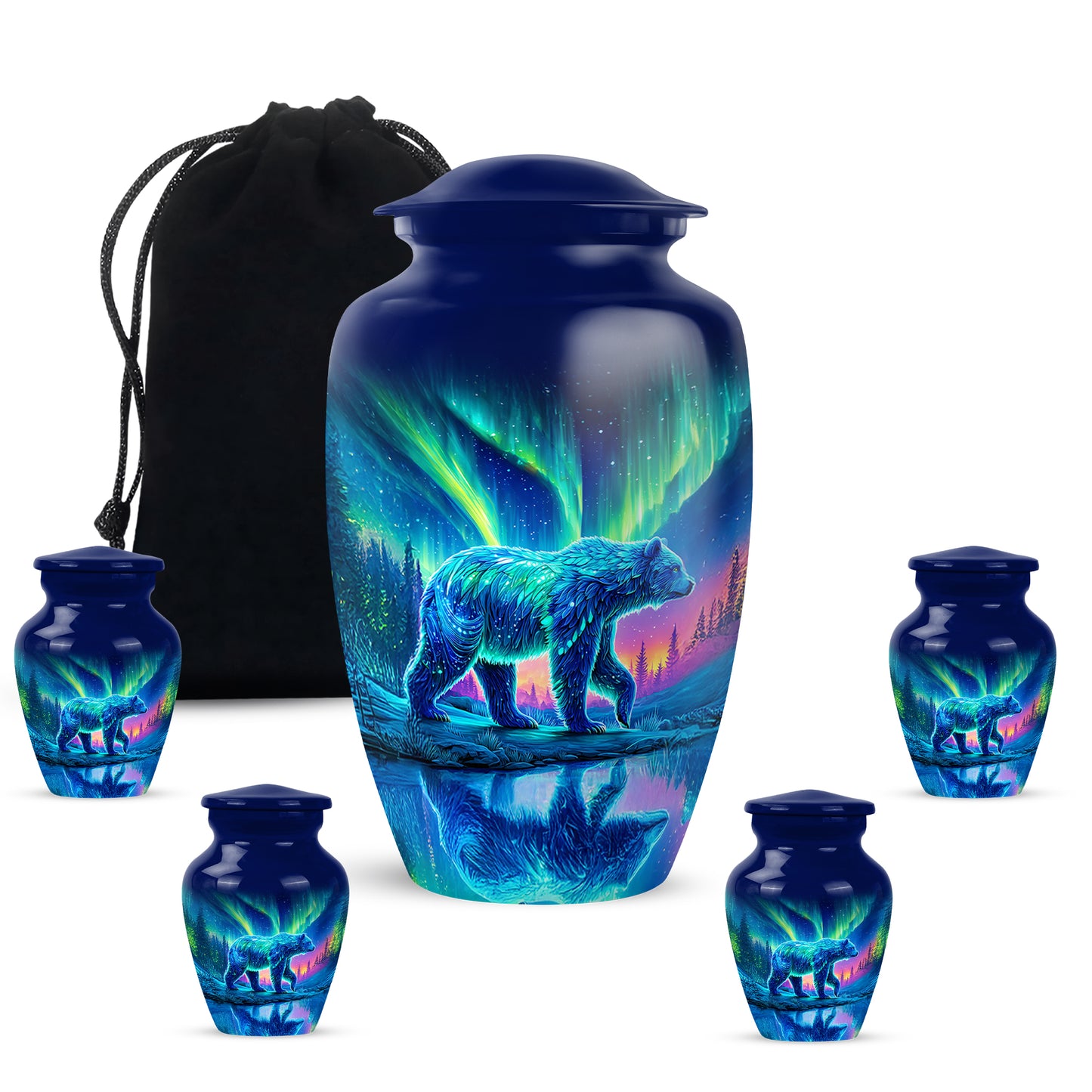 Slate Blue Bear Cremation Urn top-down view of secure threaded lid - timeless bear motif etched into premium metal - memorial set with one large and four small urns