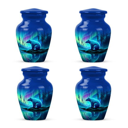 Navy Blue Bear Cremation Urn side profile showing urn shape - classic sculpted bear pattern on smooth aluminum - 10 inch aluminum urn for cremated remains