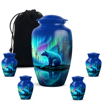 Icy Blue Bear Cremation Urn top-down view of secure threaded lid - classic sculpted bear pattern on smooth aluminum - memorial set with one large and four small urns