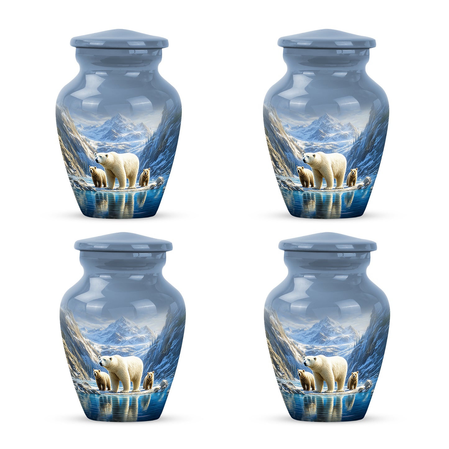 Sky Blue Bear Cremation Urn side profile showing urn shape - classic sculpted bear pattern on smooth aluminum - 10 inch aluminum urn for cremated remains