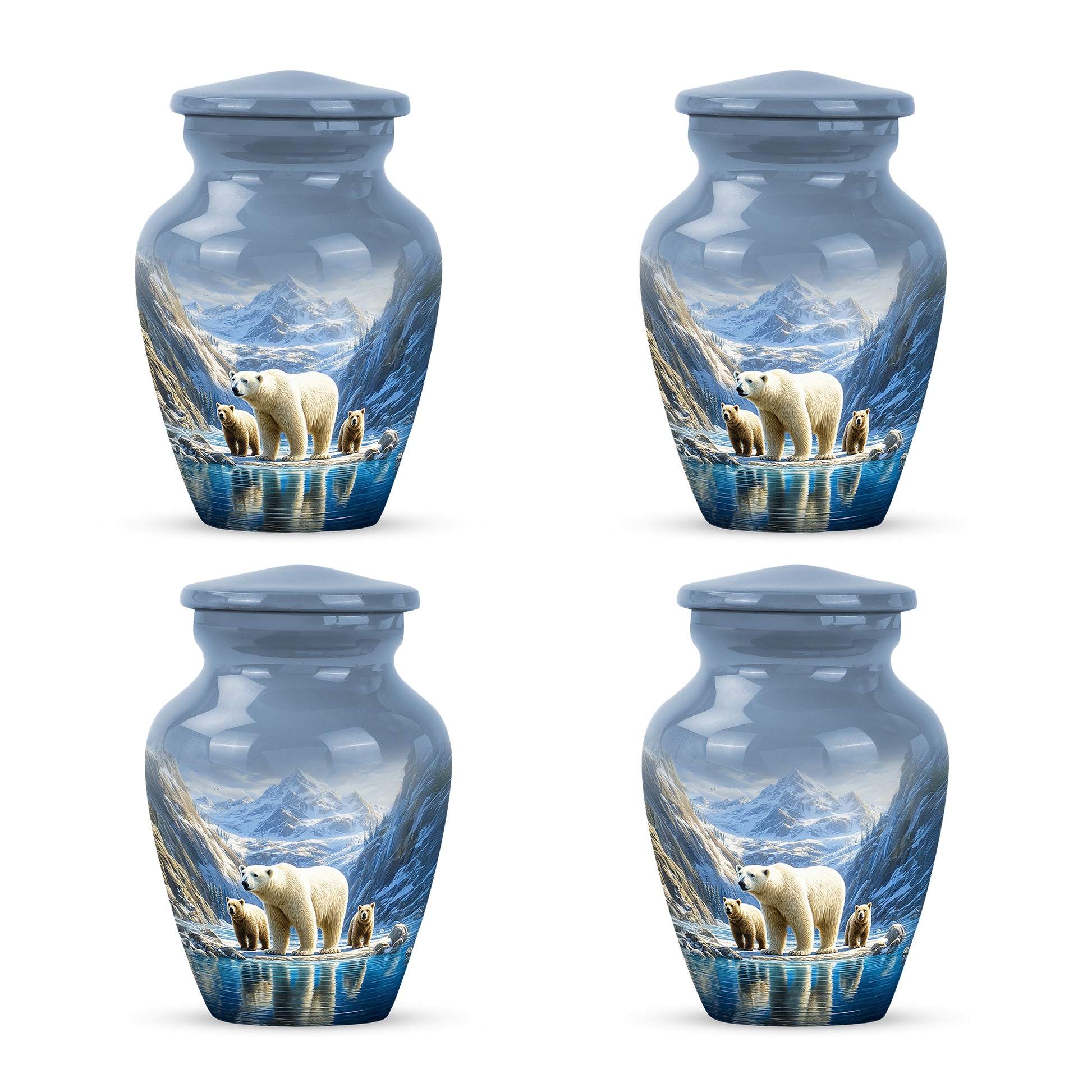 Sky Blue Bear Cremation Urn side profile showing urn shape - classic sculpted bear pattern on smooth aluminum - 10 inch aluminum urn for cremated remains