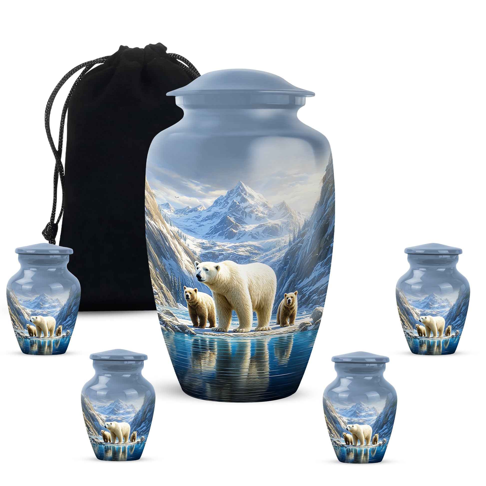 Vivid Blue Bear Cremation Urn top-down view of secure threaded lid - traditional bear engraving with hand-polished finish - memorial set with one large and four small urns