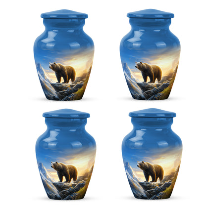 Royal Blue Bear Cremation Urn side profile showing urn shape - elegant classic bear relief with fine detailing - 10 inch aluminum urn for cremated remains