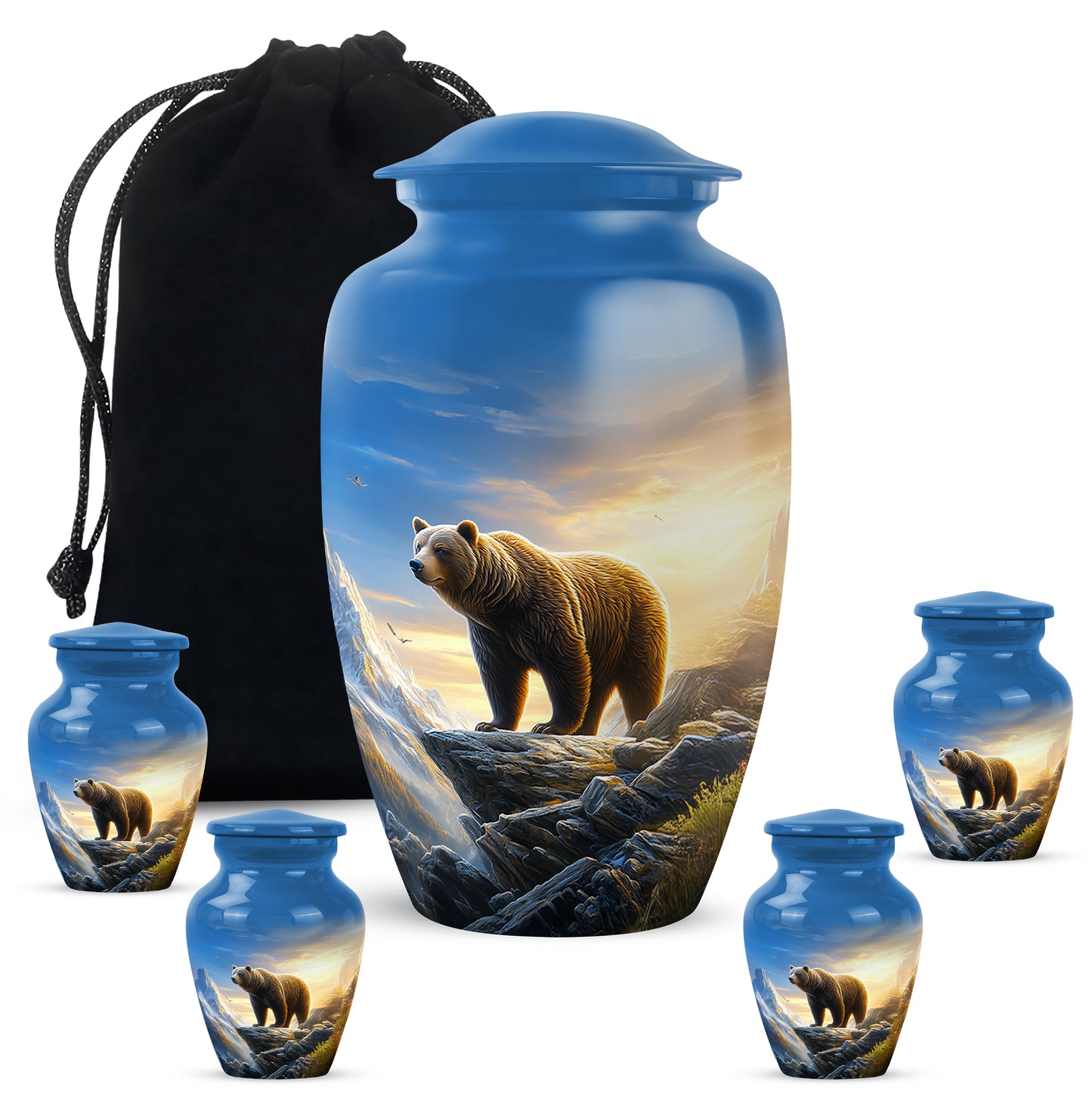 Vivid Blue Bear Cremation Urn top-down view of secure threaded lid - traditional bear engraving with hand-polished finish - memorial set with one large and four small urns