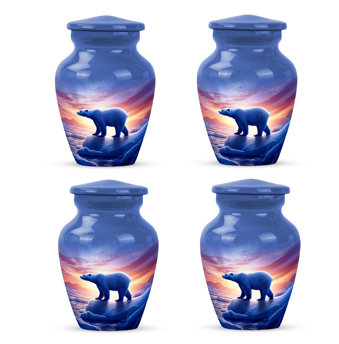 Cornflower Blue Bear Cremation Urn side profile showing urn shape - traditional bear engraving with hand-polished finish - 10 inch aluminum urn for cremated remains