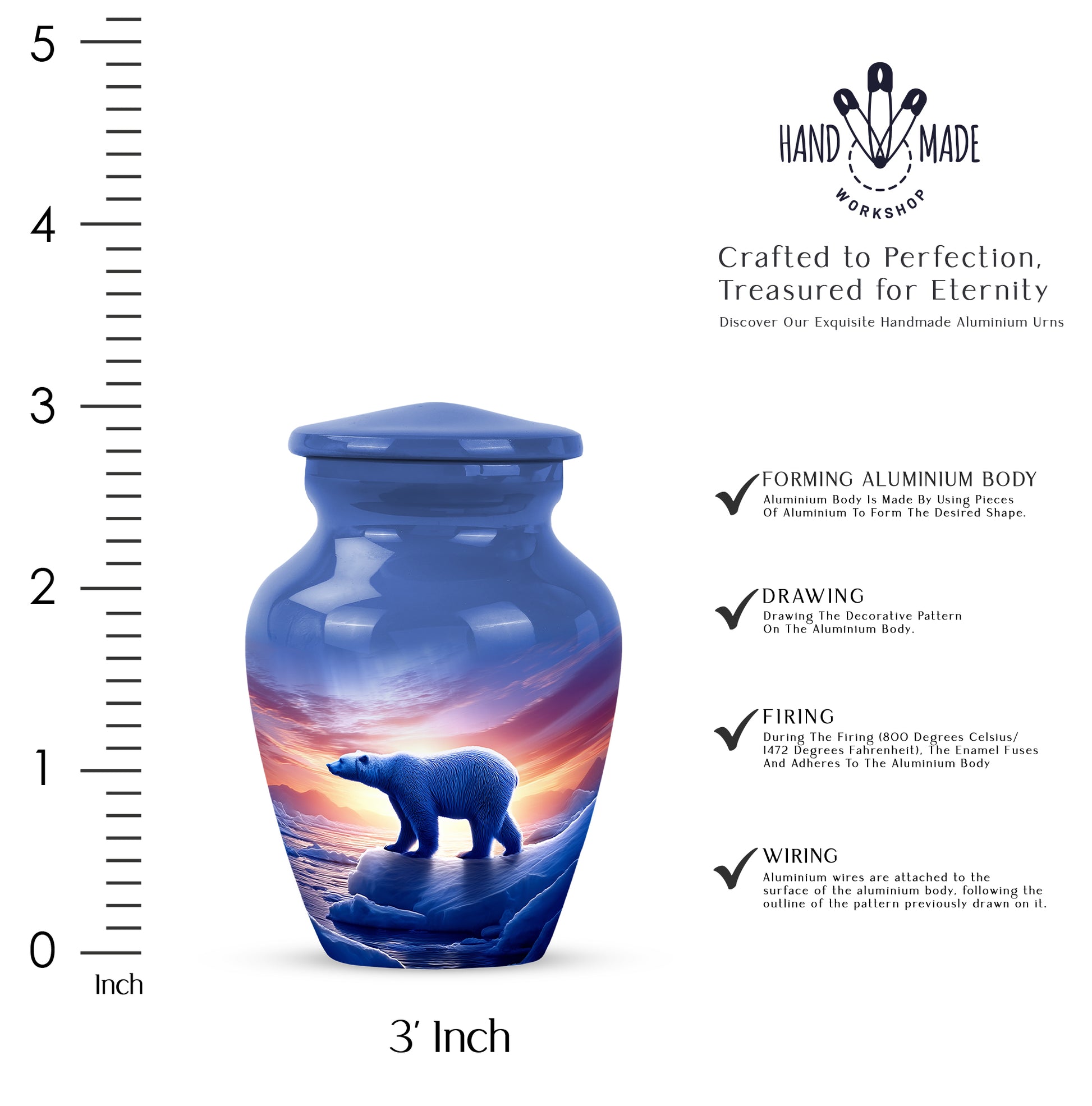 Vivid Blue Bear Cremation Urn close-up of engraving and surface detail - traditional bear engraving with hand-polished finish - mini keepsake memorial for portion of cremation ashes