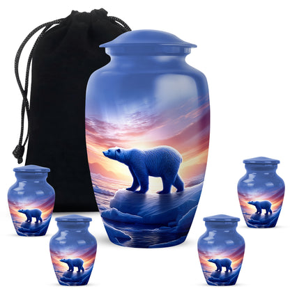 Vivid Blue Bear Cremation Urn top-down view of secure threaded lid - traditional bear engraving with hand-polished finish - memorial set with one large and four small urns