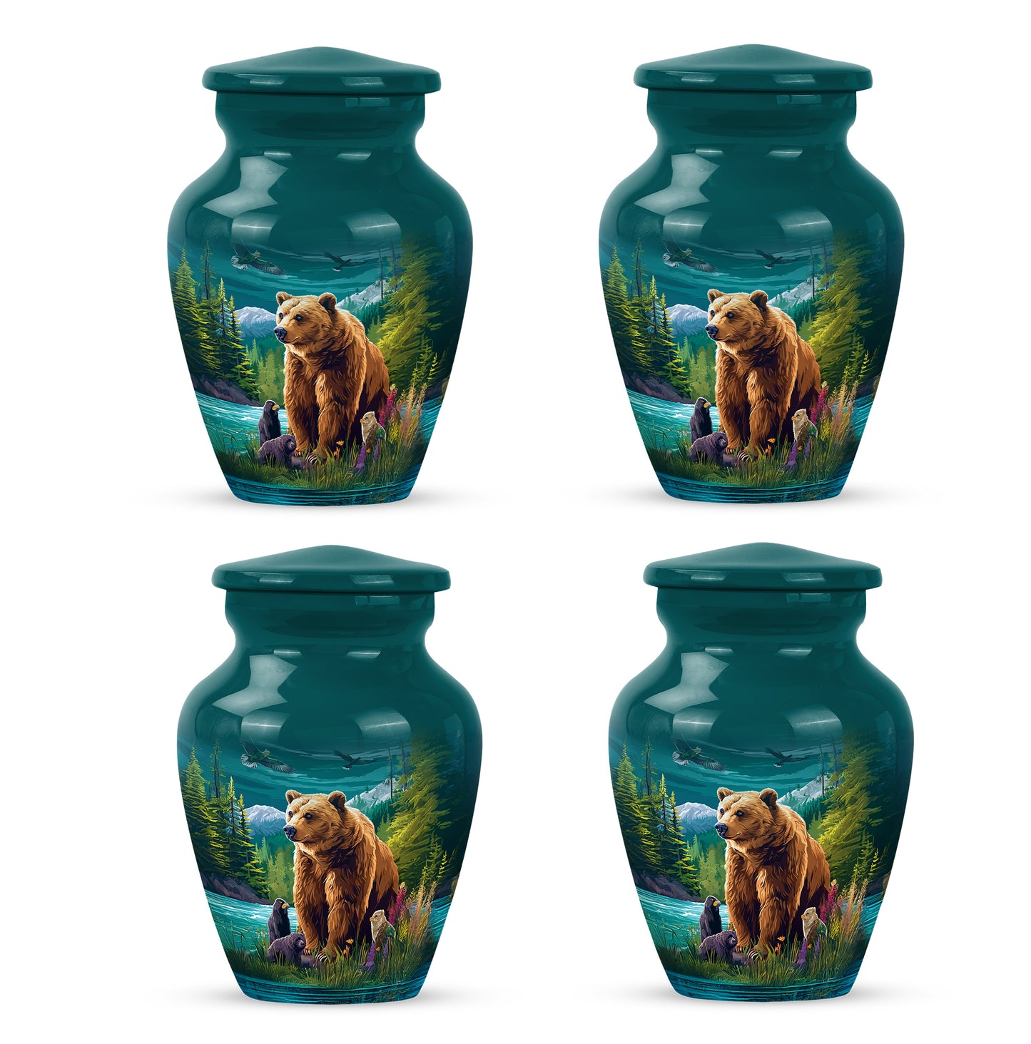 Sea Green Teal Bear Cremation Urn side profile showing urn shape - timeless bear motif etched into premium metal - 10 inch aluminum urn for cremated remains
