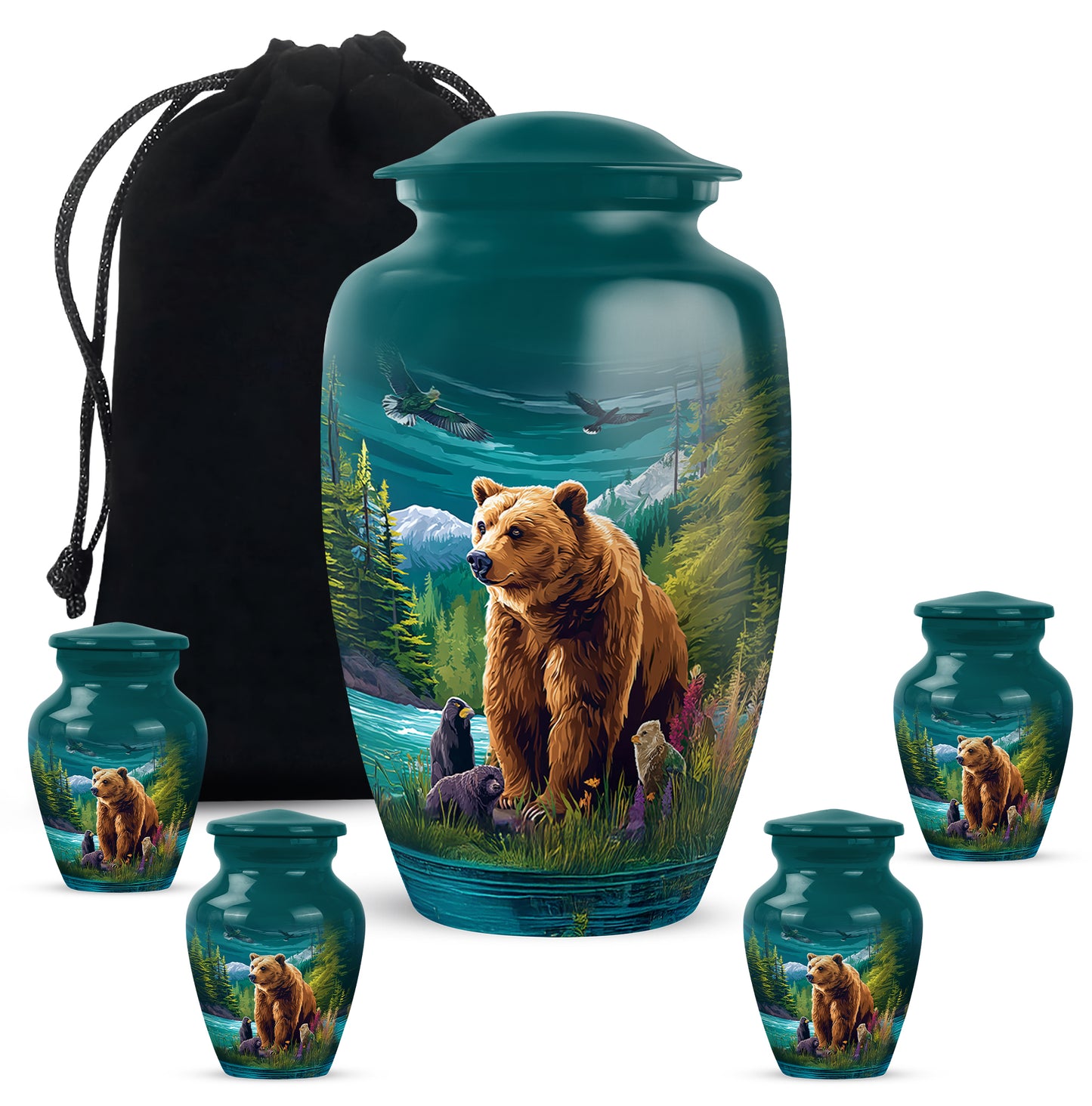 Sea Green Teal Bear Cremation Urn top-down view of secure threaded lid - classic sculpted bear pattern on smooth aluminum - memorial set with one large and four small urns