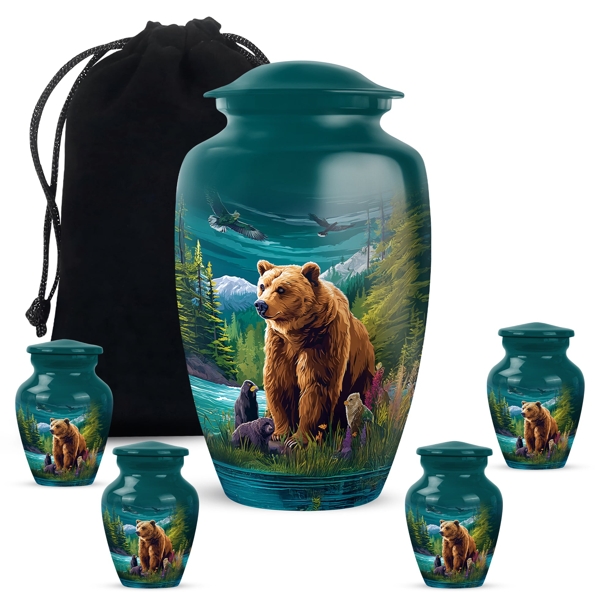 Sea Green Teal Bear Cremation Urn top-down view of secure threaded lid - classic sculpted bear pattern on smooth aluminum - memorial set with one large and four small urns