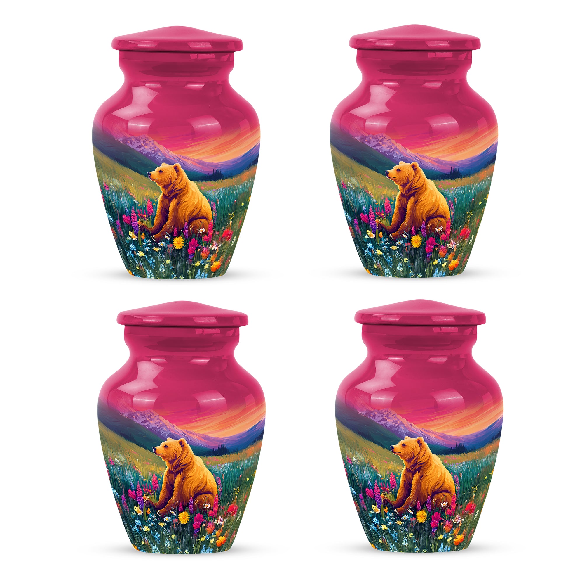 Petal Pink Bear Cremation Urn side profile showing urn shape - elegant classic bear relief with fine detailing - 10 inch aluminum urn for cremated remains