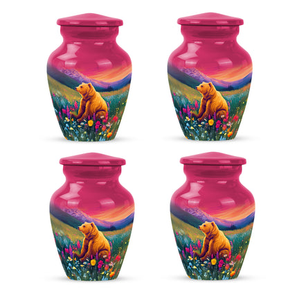 Petal Pink Bear Cremation Urn side profile showing urn shape - elegant classic bear relief with fine detailing - 10 inch aluminum urn for cremated remains