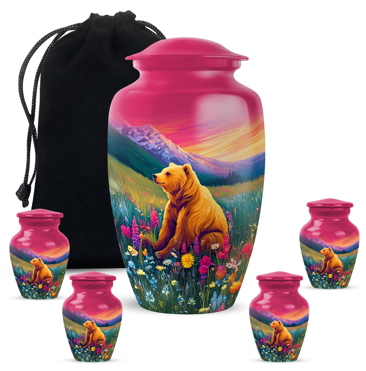 Pastel Pink Bear Cremation Urn top-down view of secure threaded lid - timeless bear motif etched into premium metal - memorial set with one large and four small urns