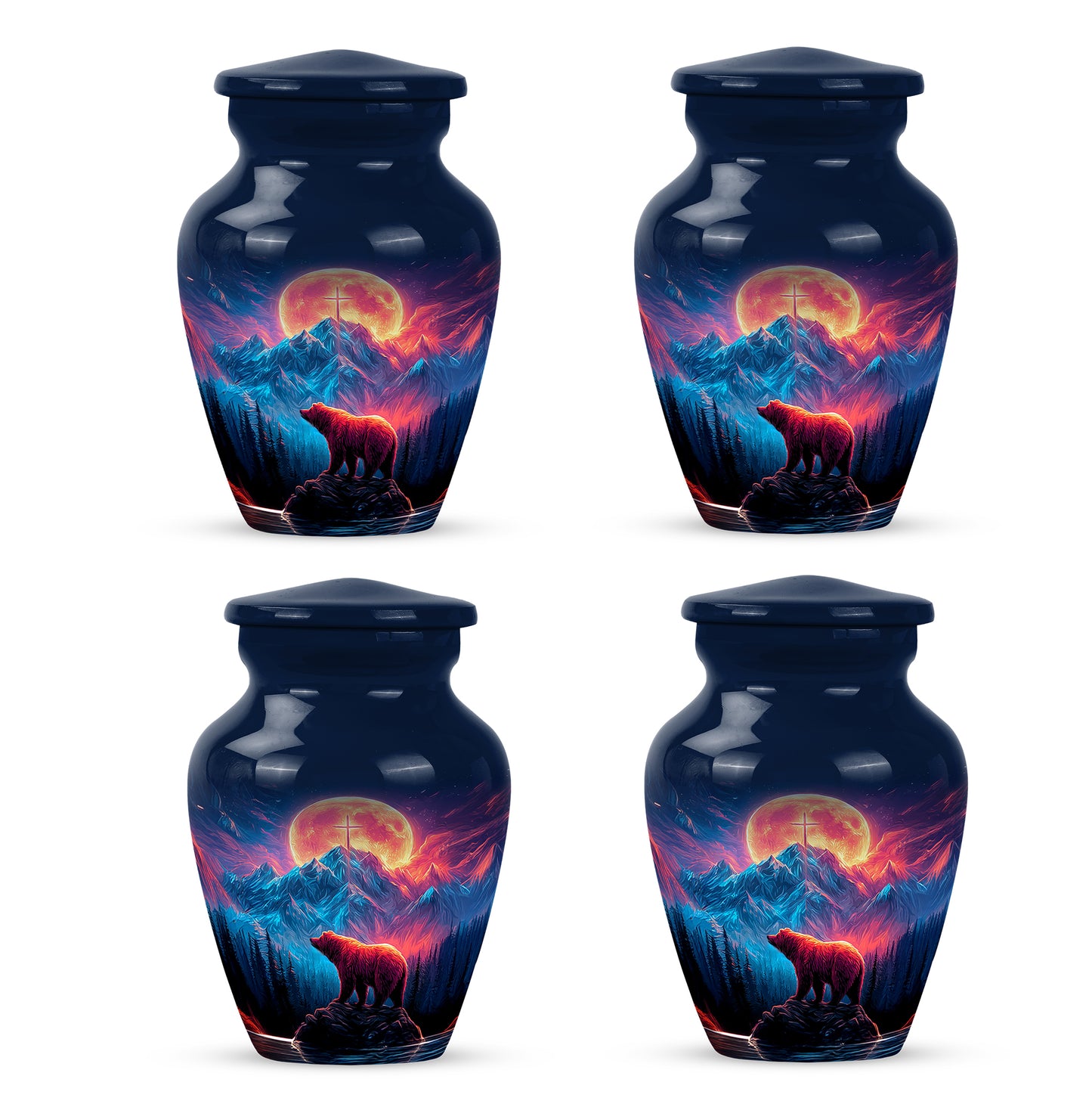 Cornflower Blue Bear Cremation Urn side profile showing urn shape - elegant classic bear relief with fine detailing - 10 inch aluminum urn for cremated remains