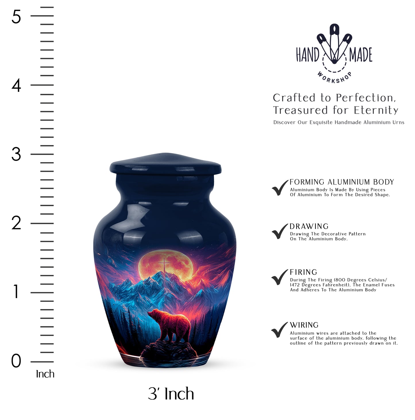 Misty Blue Bear Cremation Urn close-up of engraving and surface detail - classic sculpted bear pattern on smooth aluminum - mini keepsake memorial for portion of cremation ashes
