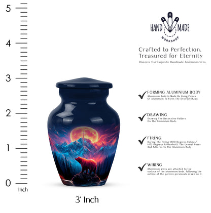 Misty Blue Bear Cremation Urn close-up of engraving and surface detail - classic sculpted bear pattern on smooth aluminum - mini keepsake memorial for portion of cremation ashes