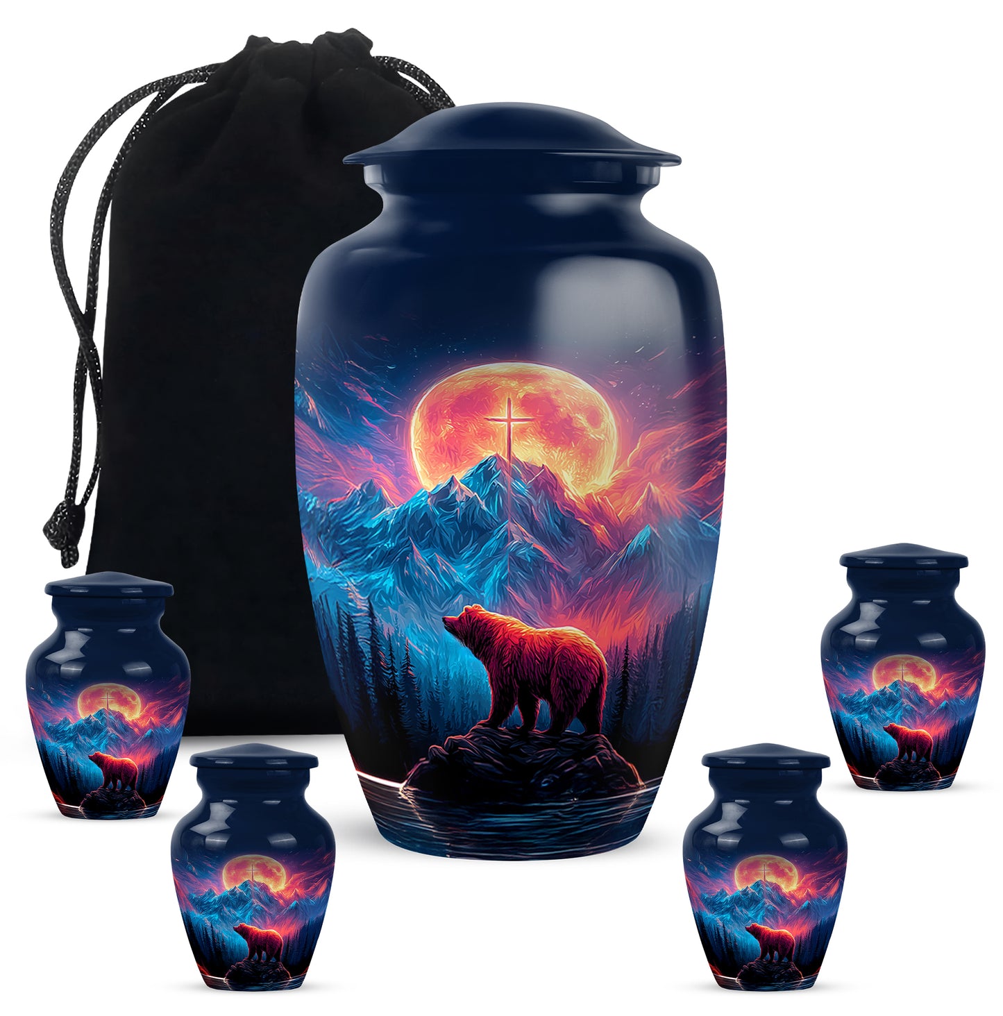Azure Bear Cremation Urn top-down view of secure threaded lid - classic sculpted bear pattern on smooth aluminum - memorial set with one large and four small urns