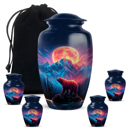 Azure Bear Cremation Urn top-down view of secure threaded lid - classic sculpted bear pattern on smooth aluminum - memorial set with one large and four small urns