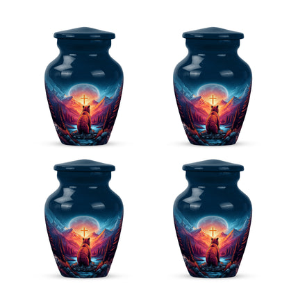 Dusty Blue Bear Cremation Urn side profile showing urn shape - timeless bear motif etched into premium metal - 10 inch aluminum urn for cremated remains
