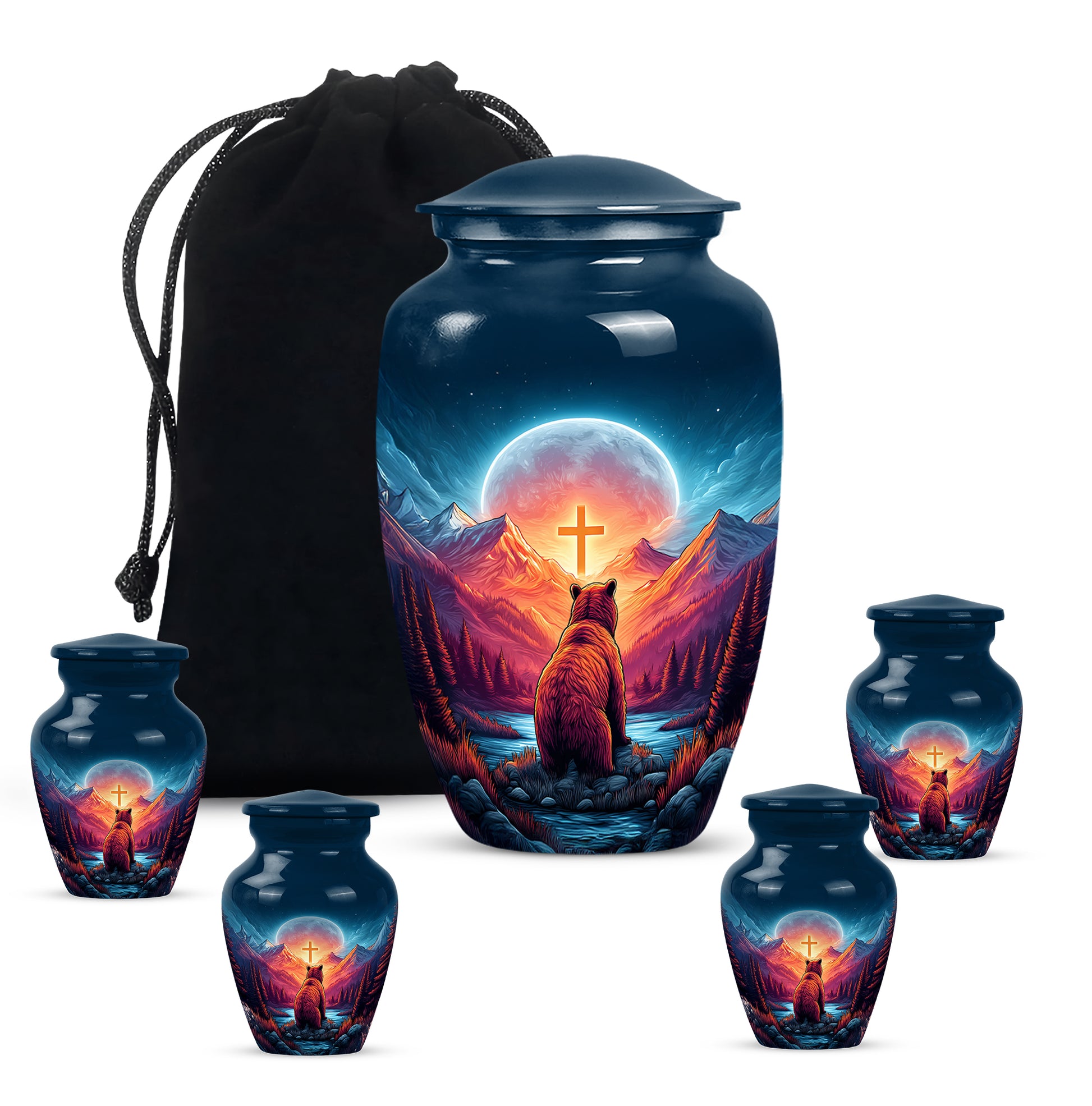 Sky Blue Bear Cremation Urn top-down view of secure threaded lid - timeless bear motif etched into premium metal - memorial set with one large and four small urns