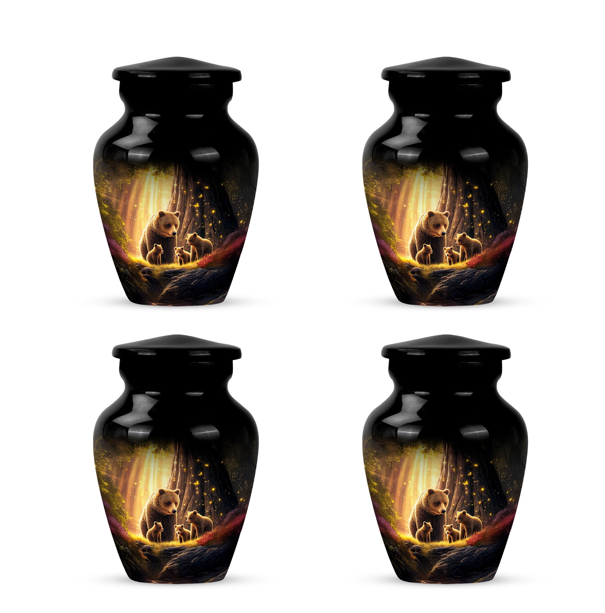 Obsidian Black Bear Cremation Urn side profile showing urn shape - traditional bear engraving with hand-polished finish - 10 inch aluminum urn for cremated remains