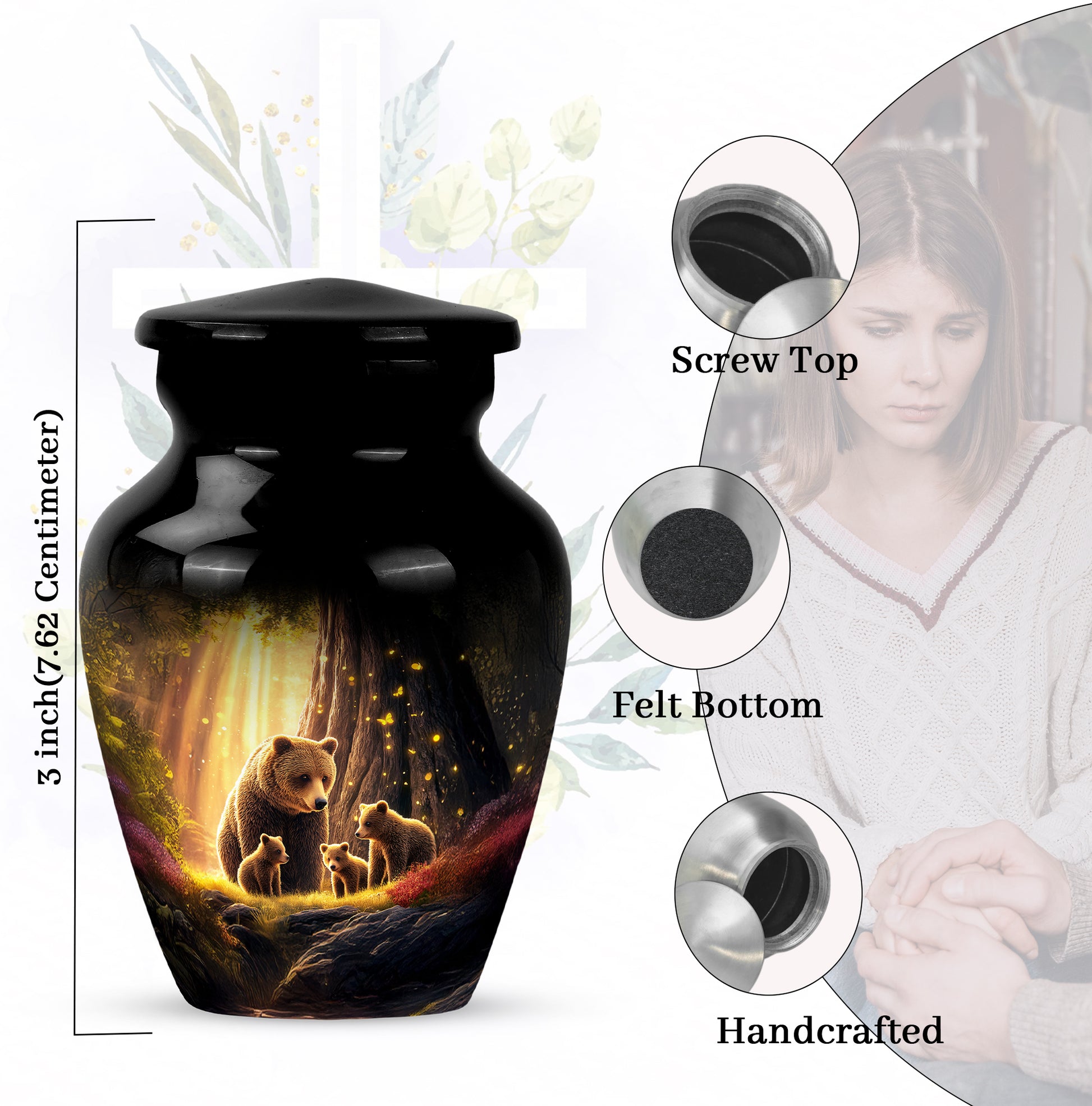 Ebony Bear Cremation Urn close-up of engraving and surface detail - classic sculpted bear pattern on smooth aluminum - mini keepsake memorial for portion of cremation ashes