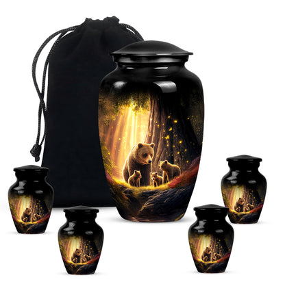 Glossy Black Bear Cremation Urn top-down view of secure threaded lid - classic sculpted bear pattern on smooth aluminum - memorial set with one large and four small urns