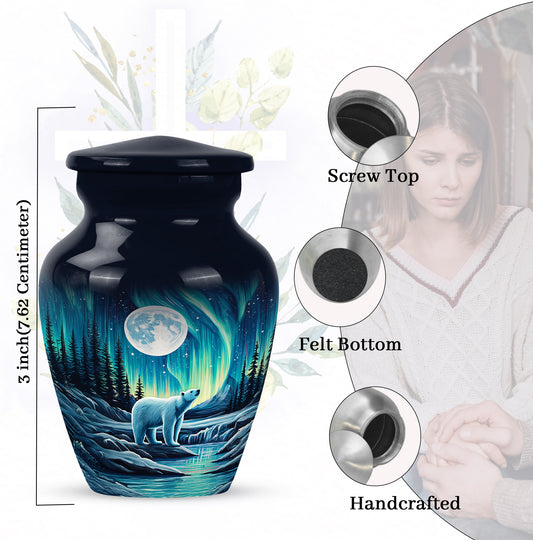 Steel Blue Bear Cremation Urn close-up of engraving and surface detail - traditional bear engraving with hand-polished finish - mini keepsake memorial for portion of cremation ashes