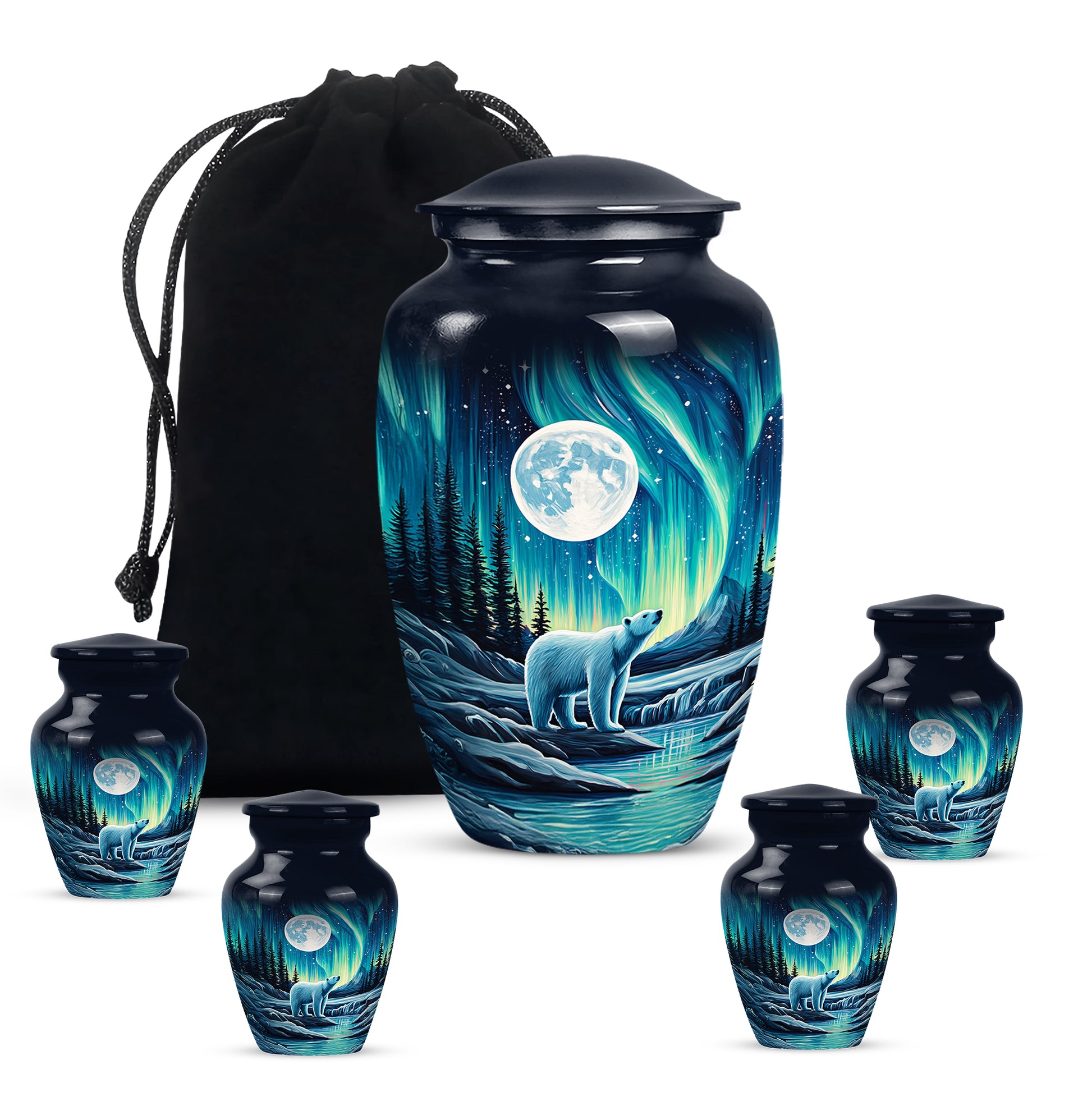 Navy Blue Bear Cremation Urn top-down view of secure threaded lid - timeless bear motif etched into premium metal - memorial set with one large and four small urns