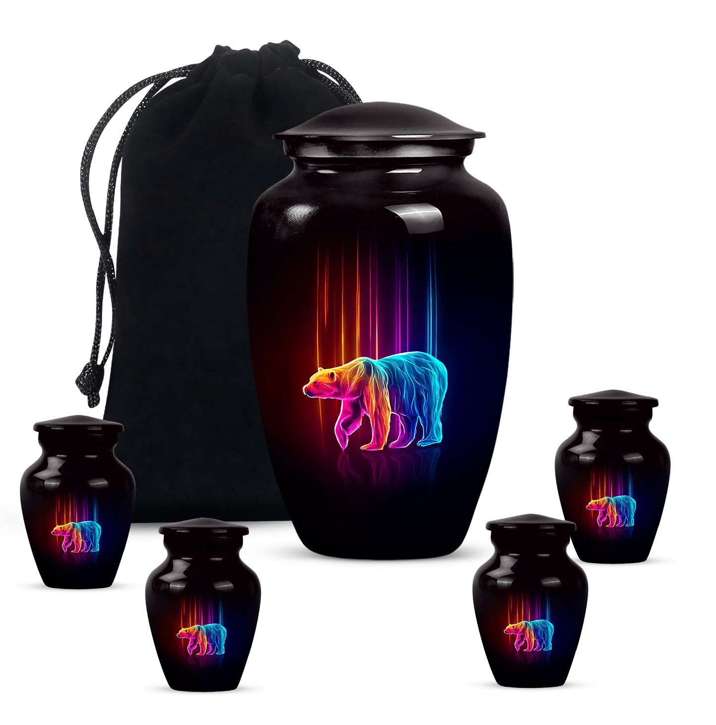 Charcoal Black Bear Cremation Urn top-down view of secure threaded lid - elegant classic bear relief with fine detailing - memorial set with one large and four small urns
