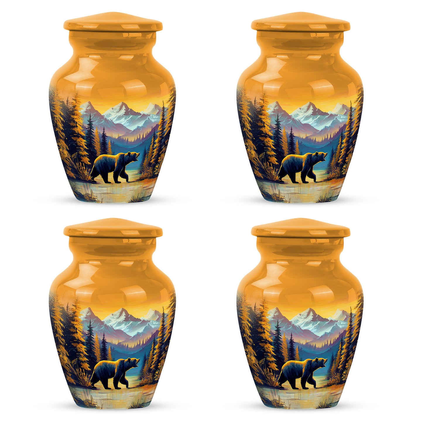 Amber Gold Bear Cremation Urn side profile showing urn shape - timeless bear motif etched into premium metal - 10 inch aluminum urn for cremated remains
