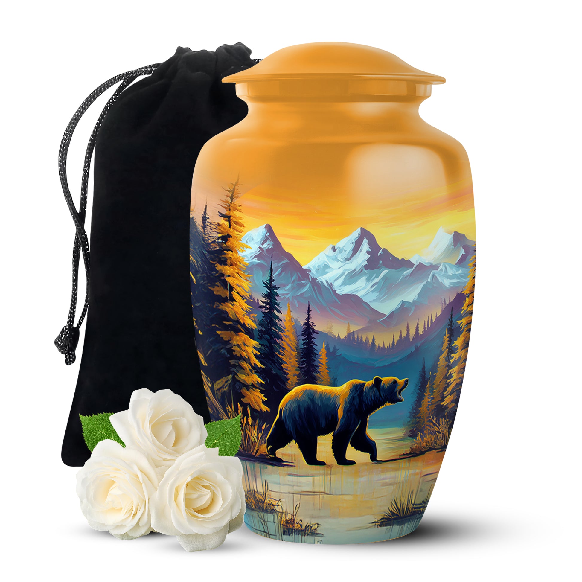 Champagne Gold Bear Cremation Urn angled view of lid and engraved motif - classic sculpted bear pattern on smooth aluminum - full-size 10 inch 200 cubic inch adult cremation urn
