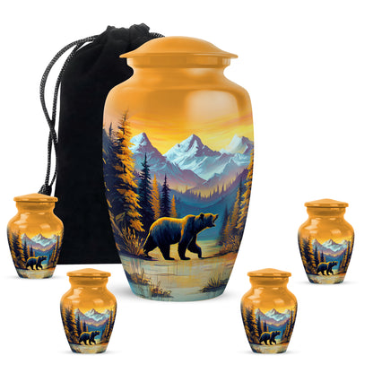 Matte Gold Bear Cremation Urn top-down view of secure threaded lid - traditional bear engraving with hand-polished finish - memorial set with one large and four small urns