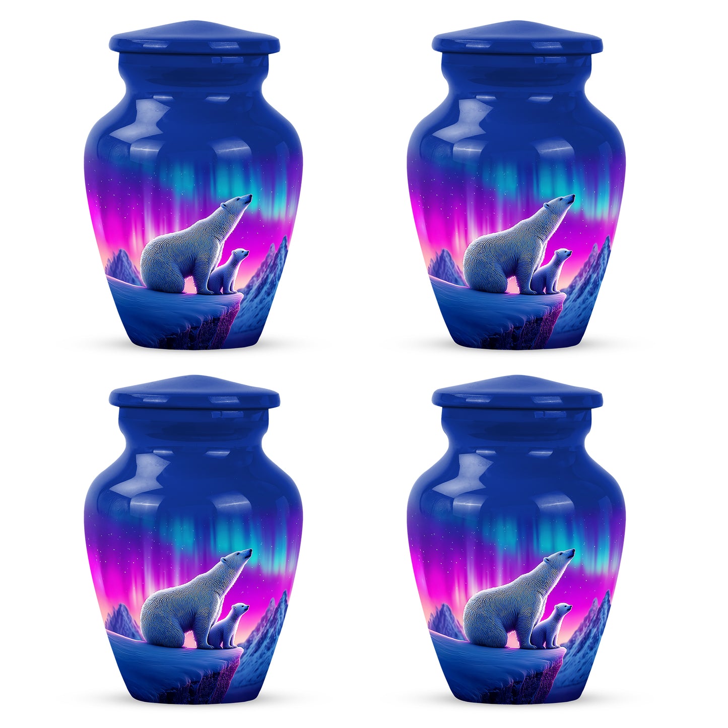 Serene Blue Bear Cremation Urn side profile showing urn shape - elegant classic bear relief with fine detailing - 10 inch aluminum urn for cremated remains