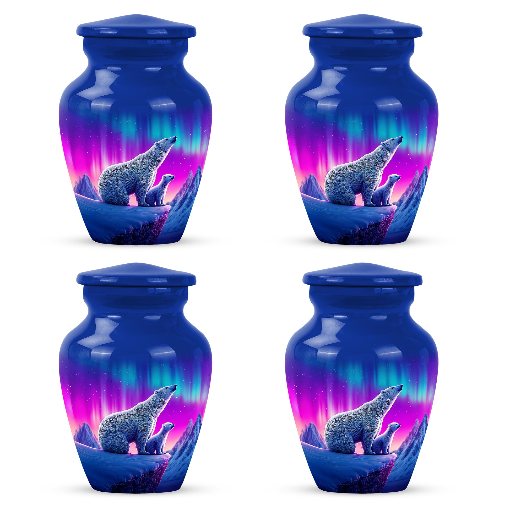 Serene Blue Bear Cremation Urn side profile showing urn shape - elegant classic bear relief with fine detailing - 10 inch aluminum urn for cremated remains