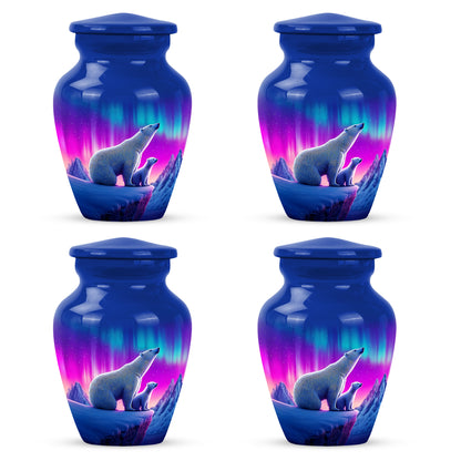 Serene Blue Bear Cremation Urn side profile showing urn shape - elegant classic bear relief with fine detailing - 10 inch aluminum urn for cremated remains