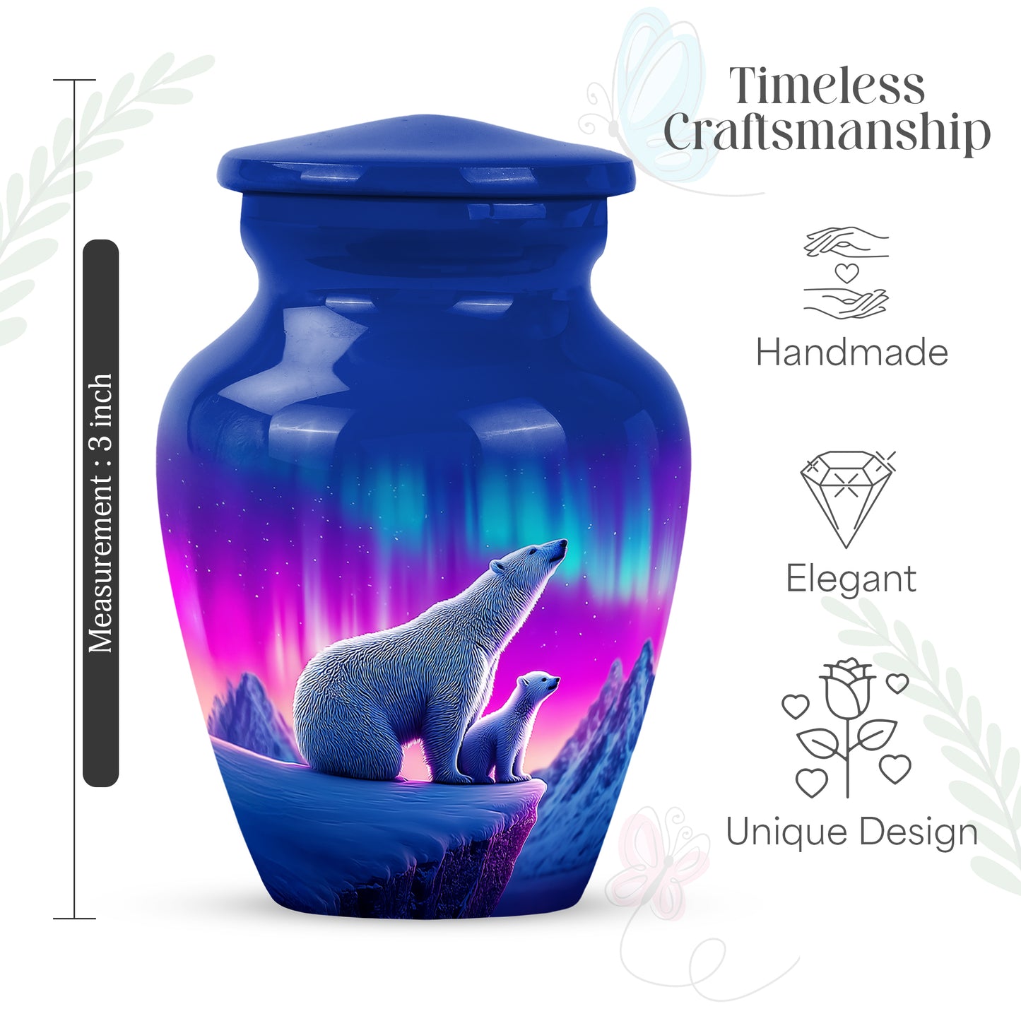 Icy Blue Bear Cremation Urn close-up of engraving and surface detail - timeless bear motif etched into premium metal - mini keepsake memorial for portion of cremation ashes