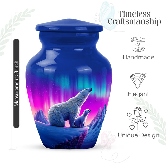Icy Blue Bear Cremation Urn close-up of engraving and surface detail - timeless bear motif etched into premium metal - mini keepsake memorial for portion of cremation ashes