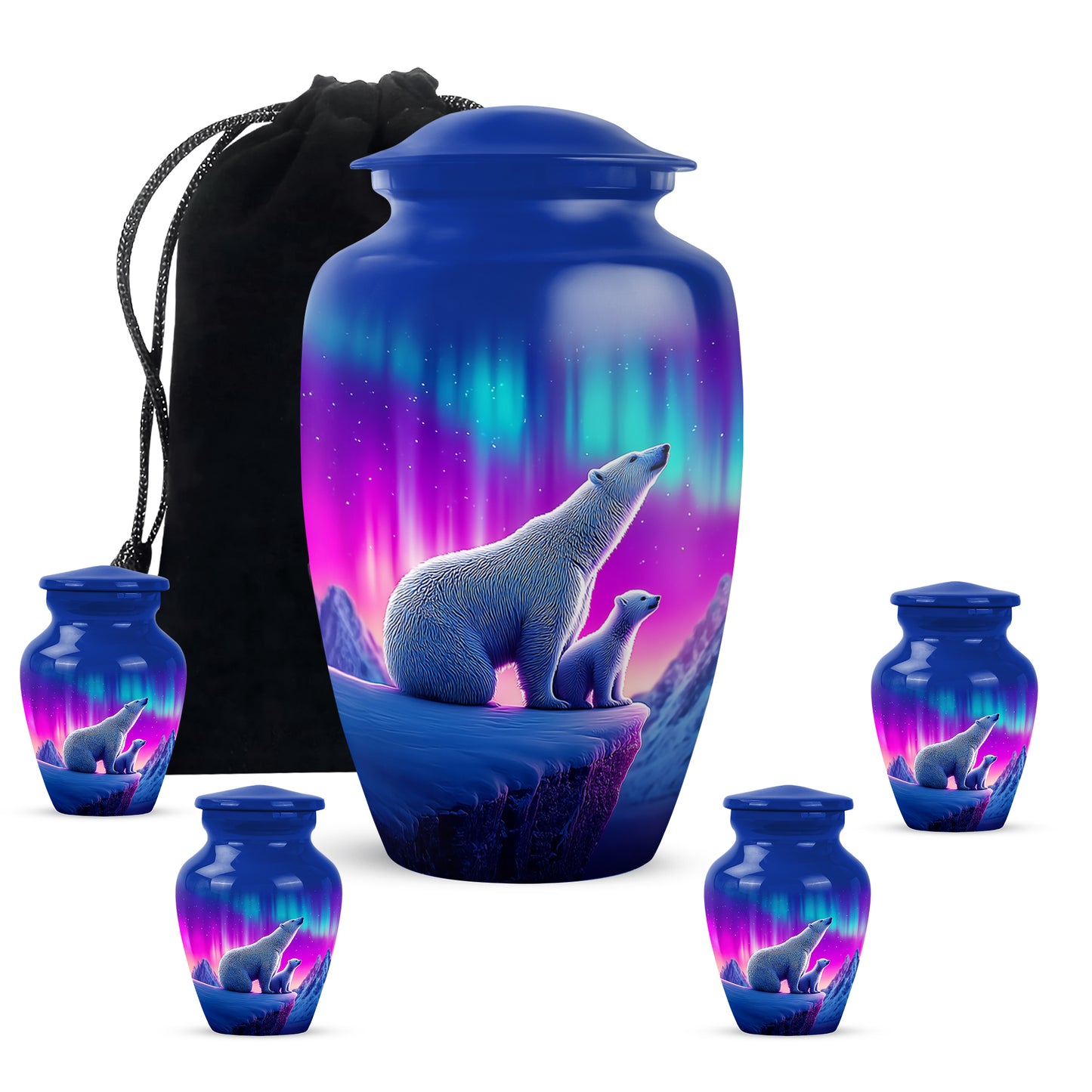 Vivid Blue Bear Cremation Urn top-down view of secure threaded lid - traditional bear engraving with hand-polished finish - memorial set with one large and four small urns
