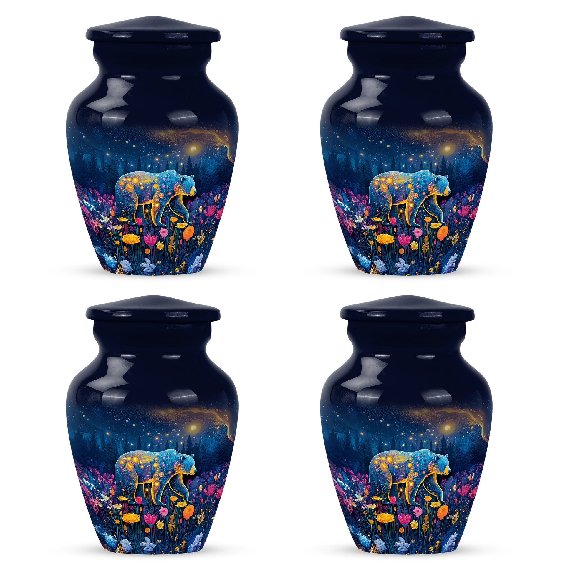 Twilight Blue Bear Cremation Urn side profile showing urn shape - traditional bear engraving with hand-polished finish - 10 inch aluminum urn for cremated remains