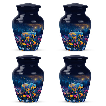 Twilight Blue Bear Cremation Urn side profile showing urn shape - traditional bear engraving with hand-polished finish - 10 inch aluminum urn for cremated remains