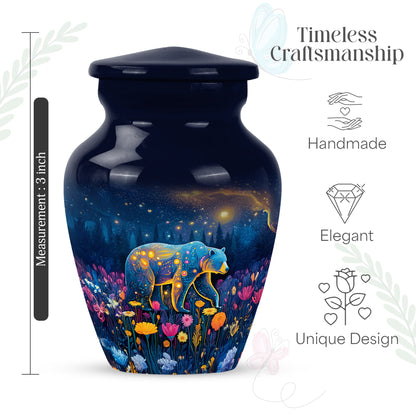 Soft Blue Bear Cremation Urn close-up of engraving and surface detail - traditional bear engraving with hand-polished finish - mini keepsake memorial for portion of cremation ashes