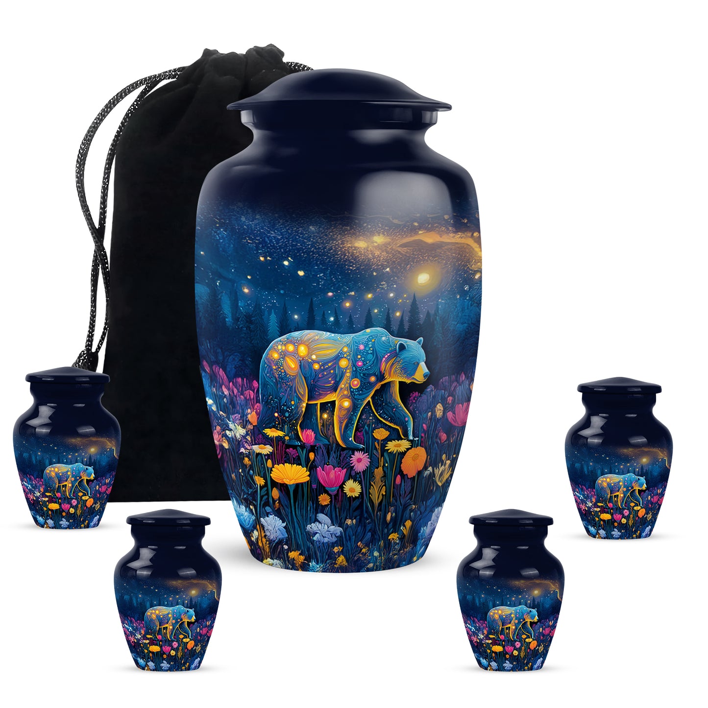 Sapphire Blue Bear Cremation Urn top-down view of secure threaded lid - elegant classic bear relief with fine detailing - memorial set with one large and four small urns