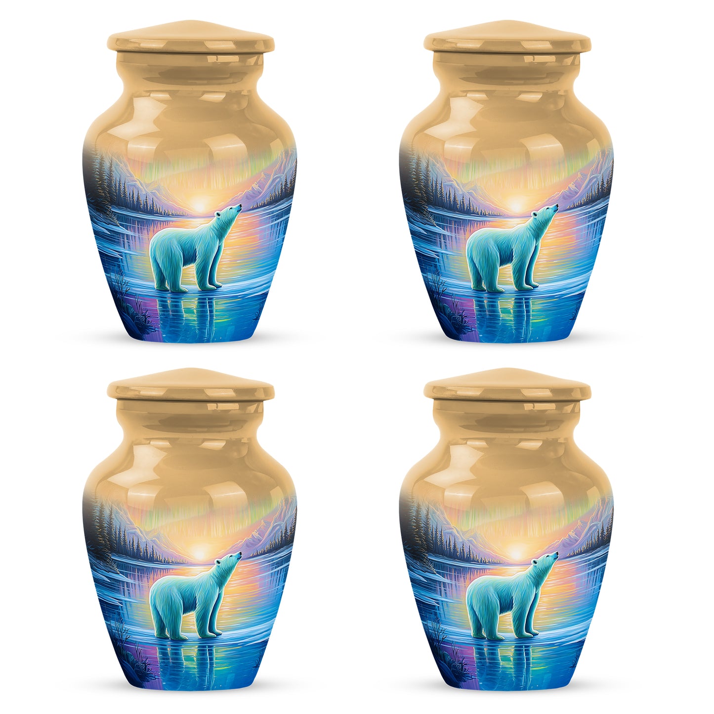 Harvest Gold Bear Cremation Urn side profile showing urn shape - elegant classic bear relief with fine detailing - 10 inch aluminum urn for cremated remains