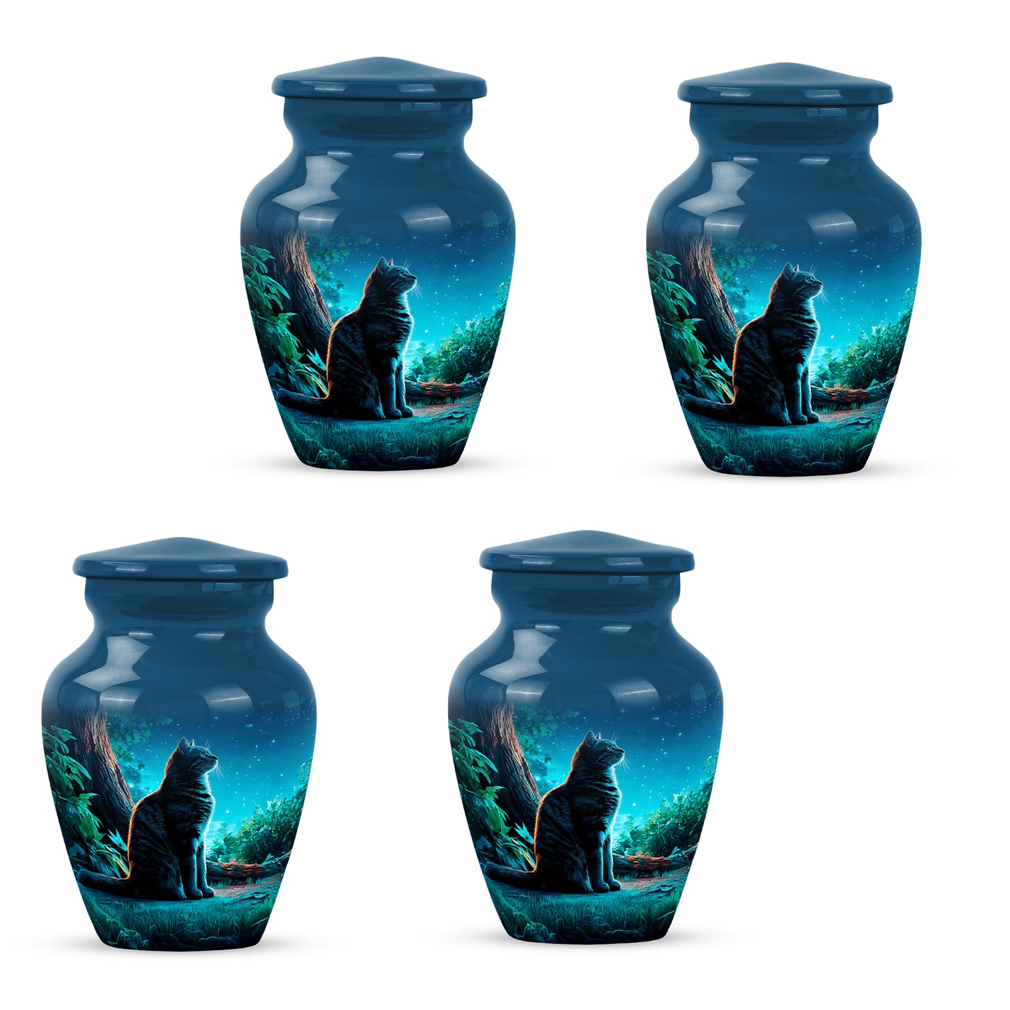Calming Blue Cat Cremation Urn side profile showing urn shape - elegant classic cat relief with fine detailing - 10 inch aluminum urn for cremated remains