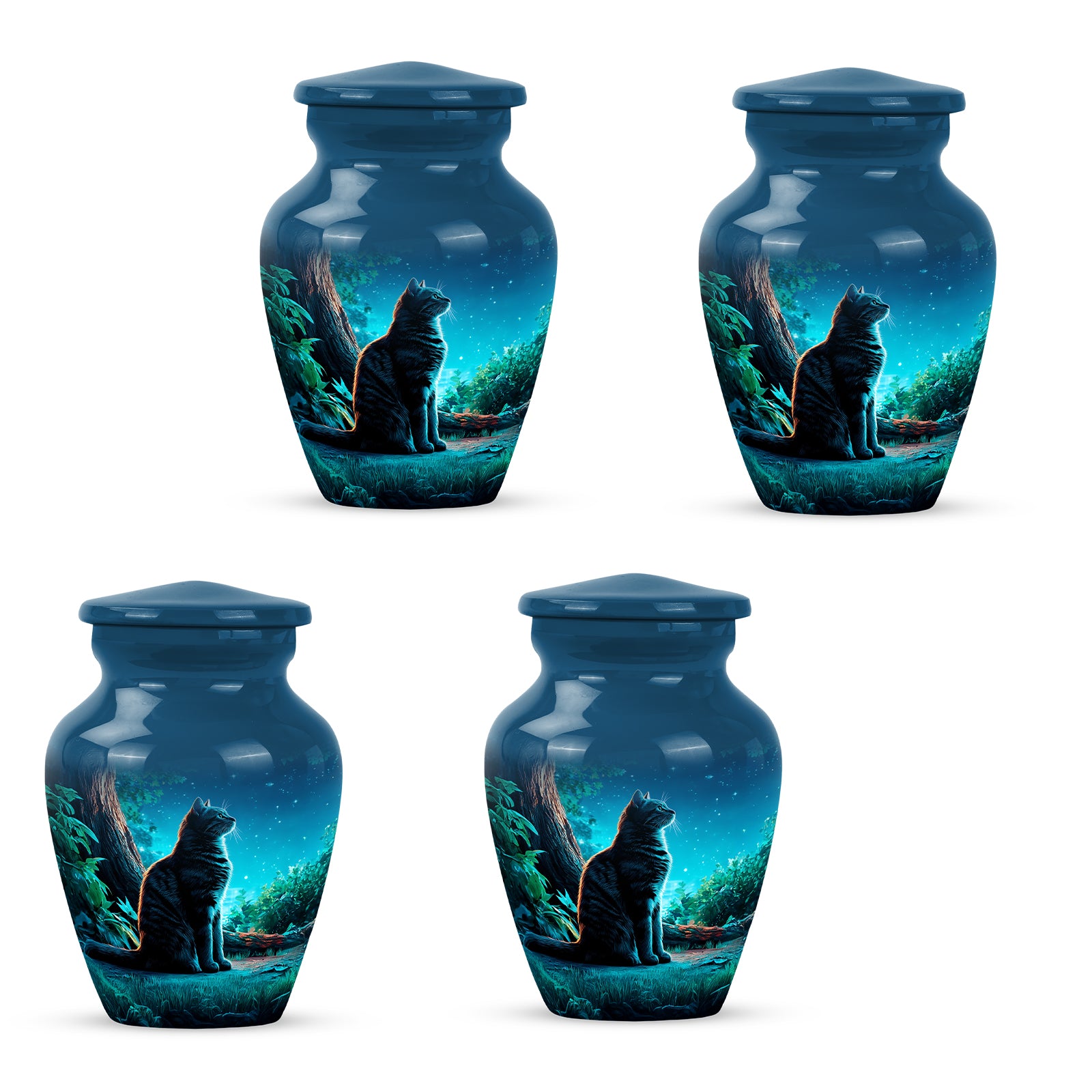 Calming Blue Cat Cremation Urn side profile showing urn shape - elegant classic cat relief with fine detailing - 10 inch aluminum urn for cremated remains